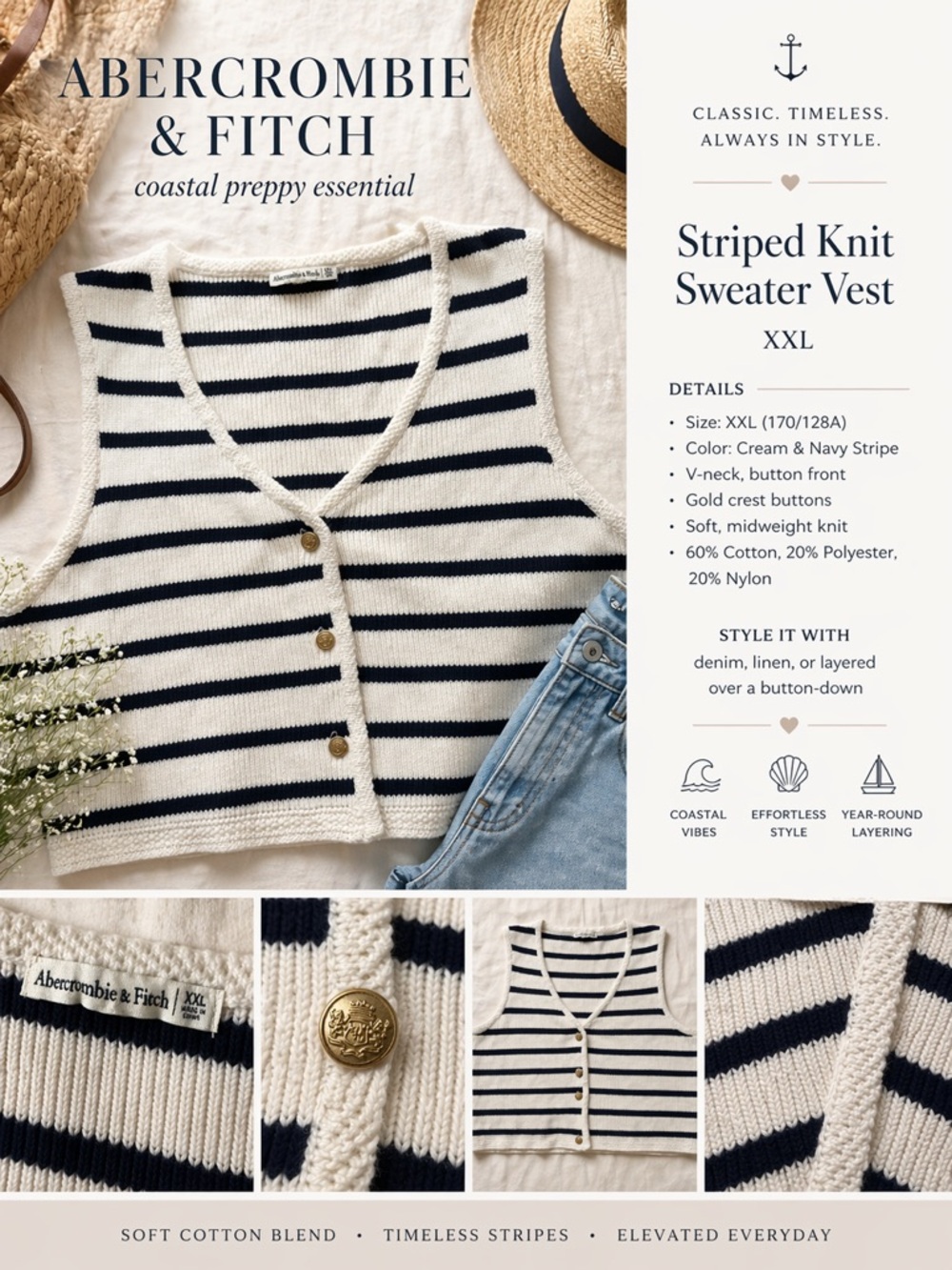 Abercrombie & Fitch Striped Knit Vest XXL Coastal Preppy Cotton